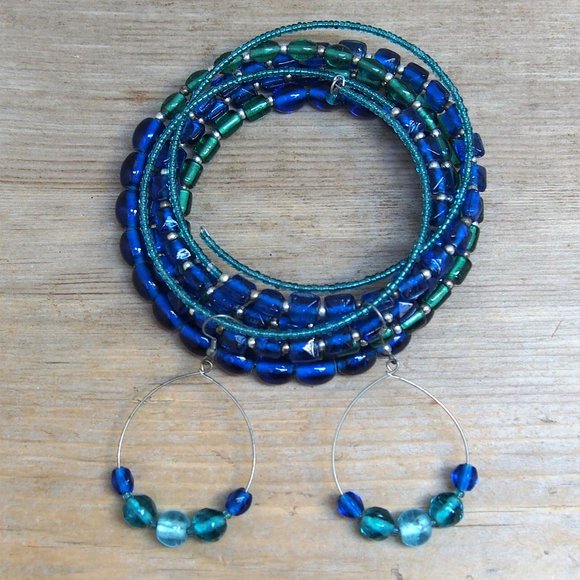Jewelry - Green & Blue Glass Wrap Bracelet & Earring SET